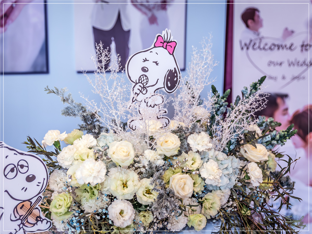 桃園中壢婚禮佈置,南科贊美酒店珍愛廳婚禮佈置,冰雪奇緣婚禮,聖誕雪景婚禮,史努比婚禮,冬季婚禮,主題婚禮客制設計,Sogood Wedding