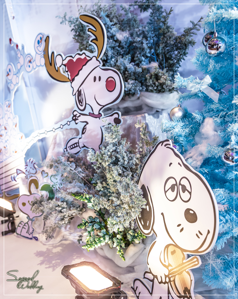 桃園中壢婚禮佈置,南科贊美酒店珍愛廳婚禮佈置,冰雪奇緣婚禮,聖誕雪景婚禮,史努比婚禮,冬季婚禮,主題婚禮客制設計,Sogood Wedding