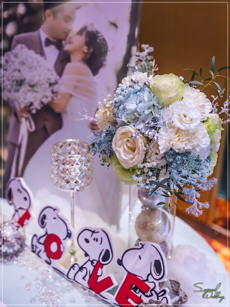 桃園中壢婚禮佈置,南科贊美酒店珍愛廳婚禮佈置,冰雪奇緣婚禮,聖誕雪景婚禮,史努比婚禮,冬季婚禮,主題婚禮客制設計,Sogood Wedding