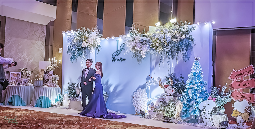桃園中壢婚禮佈置,南科贊美酒店珍愛廳婚禮佈置,冰雪奇緣婚禮,聖誕雪景婚禮,史努比婚禮,冬季婚禮,主題婚禮客制設計,Sogood Wedding