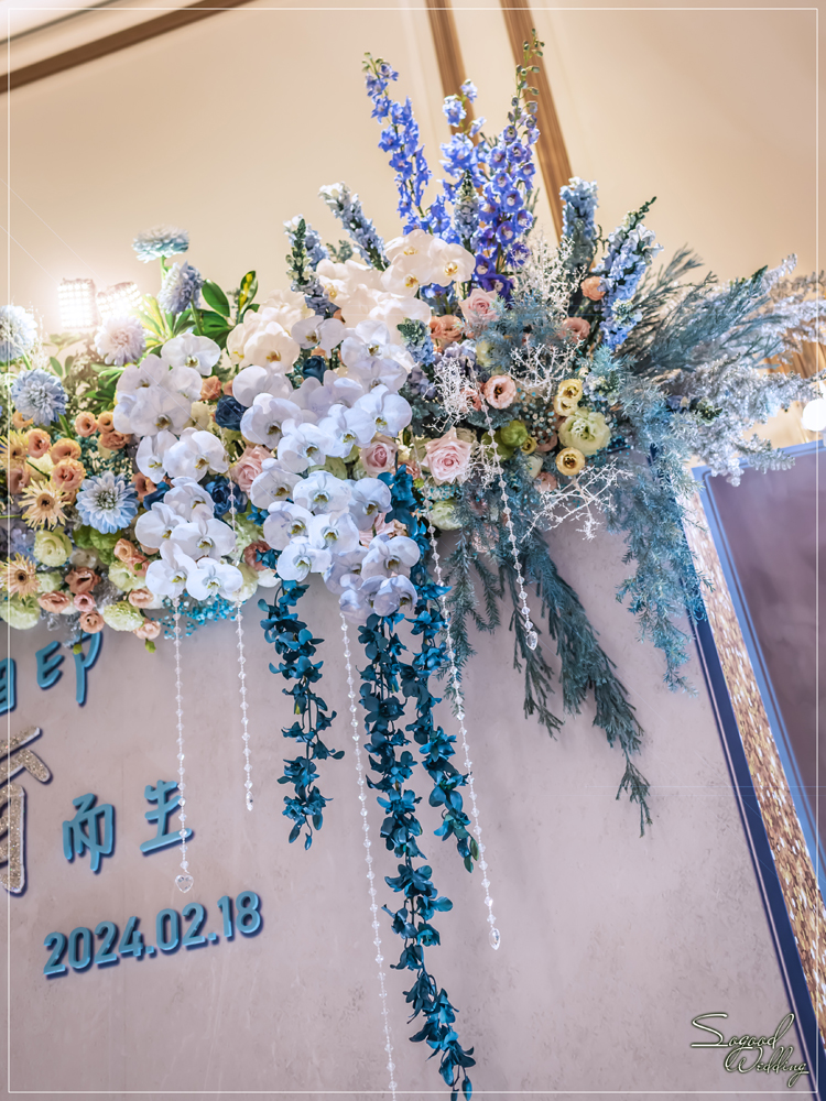 桃園中壢婚禮佈置,皇家薇庭威尼斯廳婚禮佈置,時尚浪漫風婚禮佈置,藍色雪景之戀婚禮,層次背板婚禮,主題婚禮客制設計,Sogood Wedding