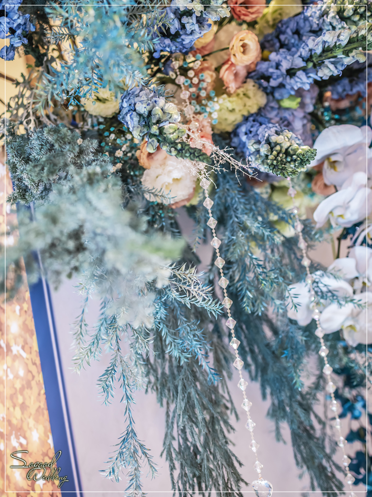 桃園中壢婚禮佈置,皇家薇庭威尼斯廳婚禮佈置,時尚浪漫風婚禮佈置,藍色雪景之戀婚禮,層次背板婚禮,主題婚禮客制設計,Sogood Wedding