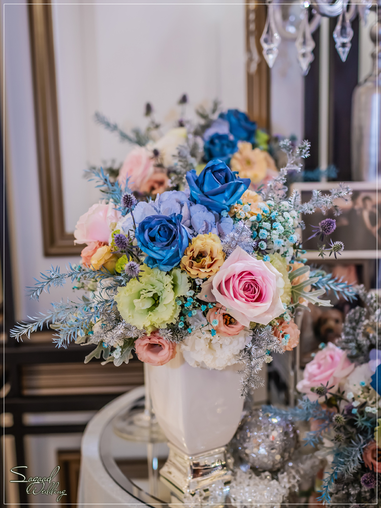 桃園中壢婚禮佈置,皇家薇庭威尼斯廳婚禮佈置,時尚浪漫風婚禮佈置,藍色雪景之戀婚禮,層次背板婚禮,主題婚禮客制設計,Sogood Wedding